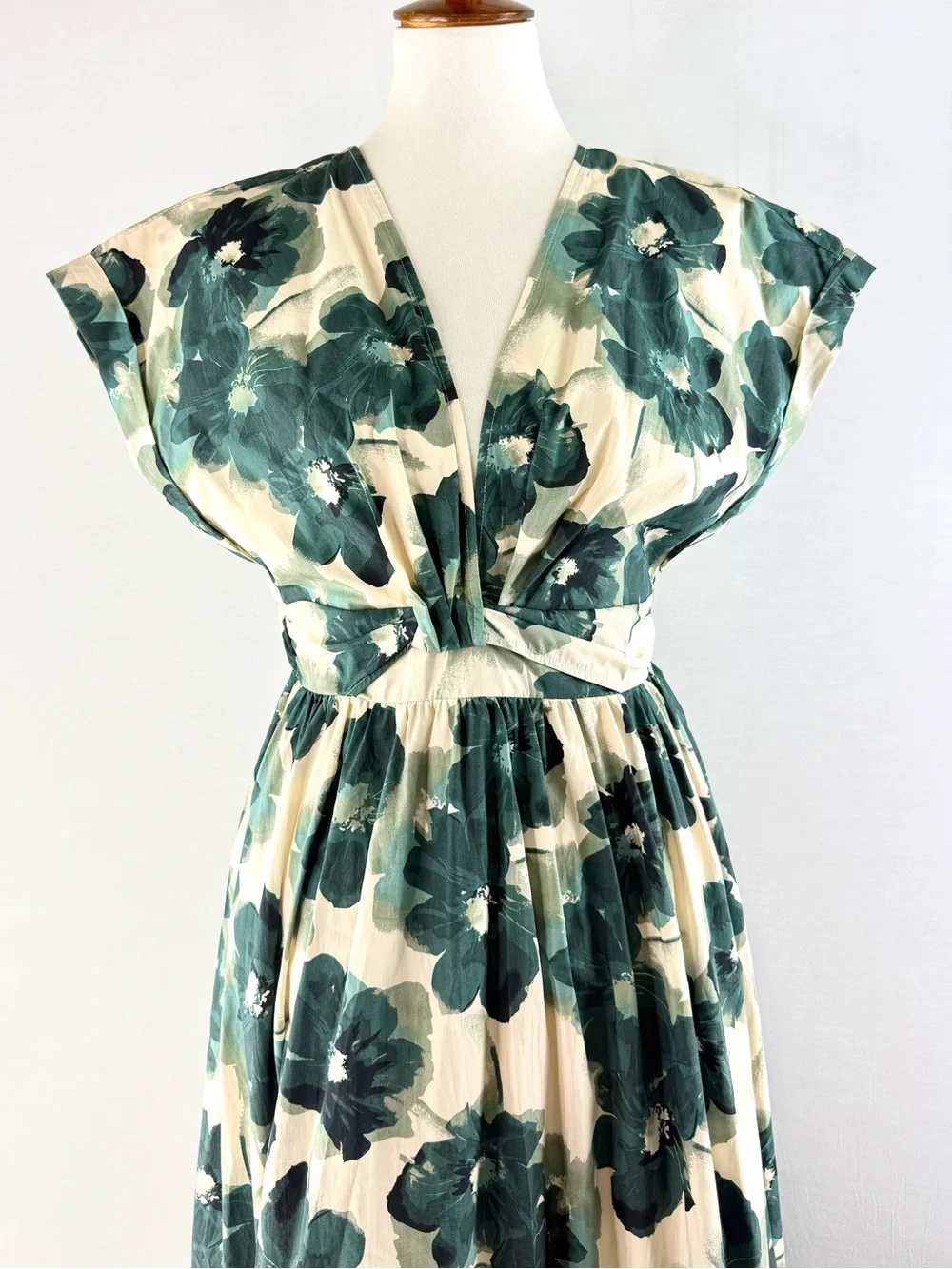 Abercrombie & Fitch Cream & Teal Green Floral V-Neck Maxi Dress NWT